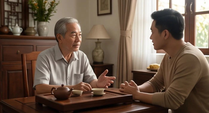 Người cao tuổi quý tỵ 1953 đàm đạo cùng con cháu với ánh mắt sắc sảo và phong thái điềm tĩnh
