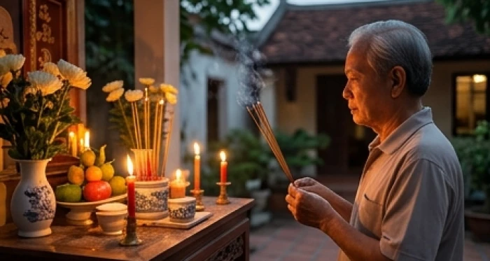 Gia chủ tuổi nhâm dần châm nhang làm lễ cúng sao trang nghiêm trước bàn thờ ngoài trời lúc ban đêm
