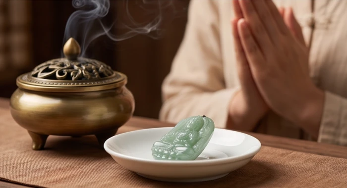 Mặt dây chuyền đặt trang trọng trên đĩa ngọc trước lư hương ngút khói chắp tay trì chú điểm nhãn