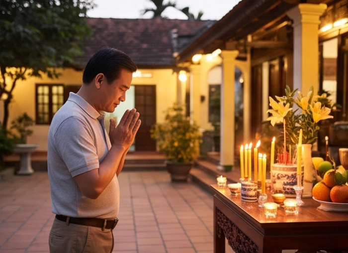 Gia chủ thành tâm chắp tay đọc bài khấn giải hạn sao Thái Bạch trước bàn lễ đặt hướng chính Tây trang nghiêm