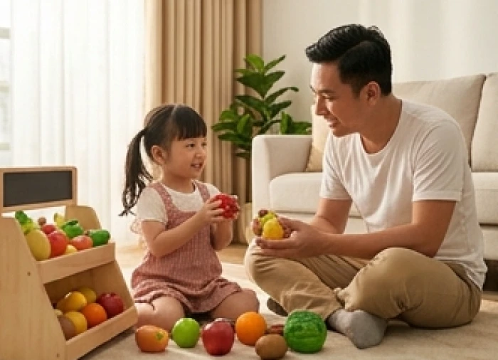 Người cha cùng bé gái vui vẻ chơi đóng kịch mua sắm siêu thị tại phòng khách gia đình Việt Nam