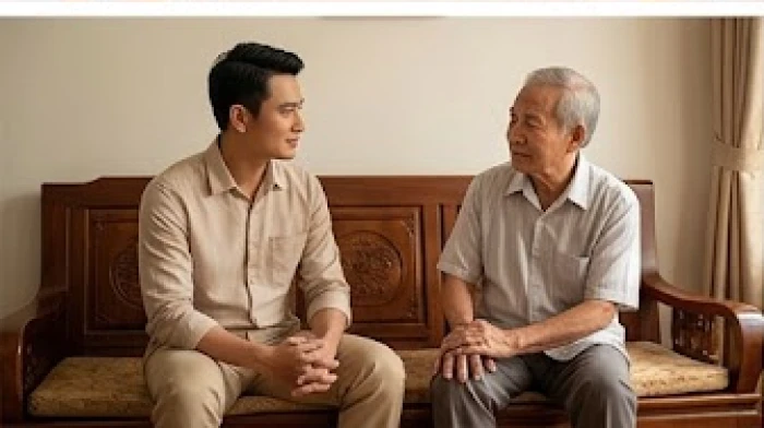 Người con trai kiên nhẫn ngồi trò chuyện cùng cha già trên bộ tràng kỷ để thể hiện sự tôn trọng tối đa