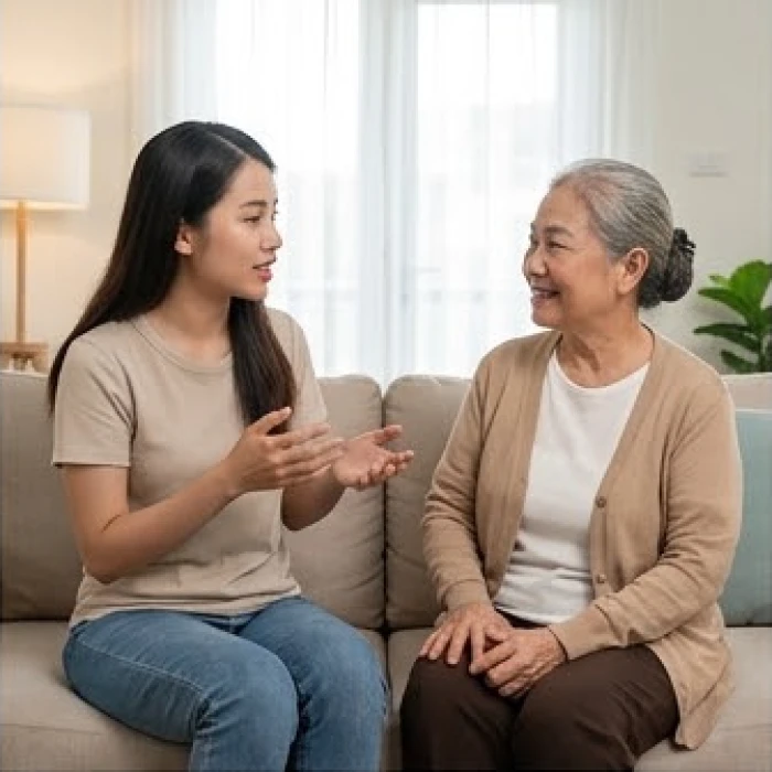 Con cháu dành thời gian trò chuyện cùng người bà lớn tuổi để xua tan cảm giác cô đơn
