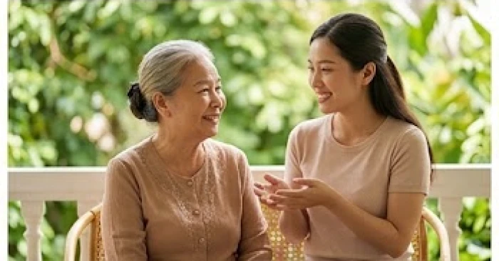Hai bà cháu tươi cười trò chuyện vui vẻ bên hiên nhà ngập tràn ánh nắng mang lại không khí gia đình đầm ấm