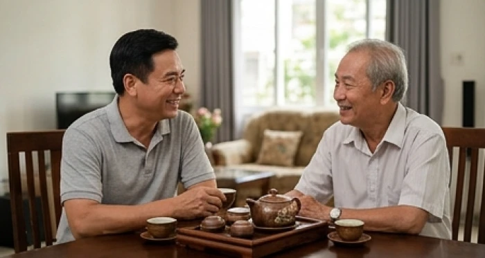 Hai thế hệ ngồi tâm sự vui vẻ bên bàn trà gia đình giúp giải tỏa căng thẳng tâm lý