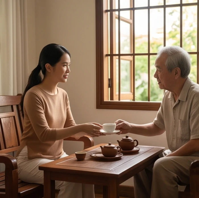Hai thế hệ ngồi uống trà trò chuyện cởi mở giúp tháo gỡ những khúc mắc do sự nóng vội thay đổi quyết định