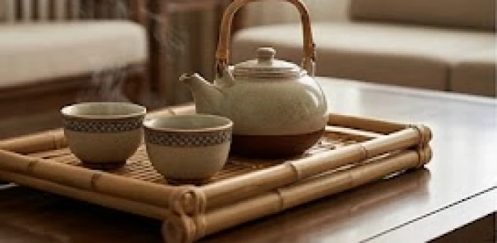 Khay trà nóng bằng gốm Bát Tràng đặt trên bàn phòng khách tạo không gian ấm cúng để sẻ chia