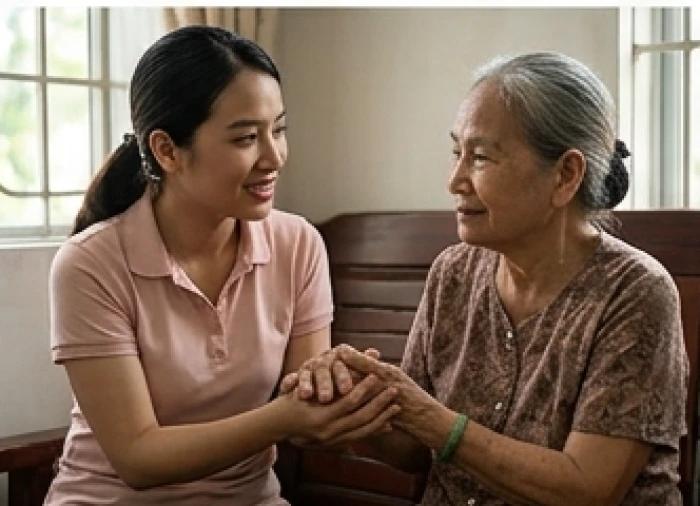 Người con gái ngồi sát bên cạnh ân cần nắm lấy đôi tay nhăn nheo của mẹ và mỉm cười trò chuyện đầy sự thấu hiểu