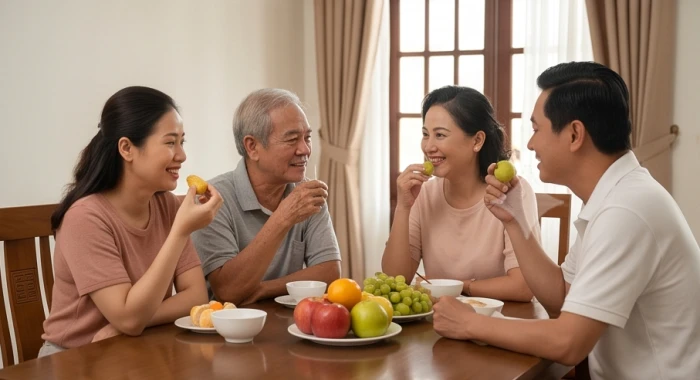 Hai thế hệ cùng vui vẻ thưởng thức trái cây và trò chuyện thân mật bên bàn ăn gia đình