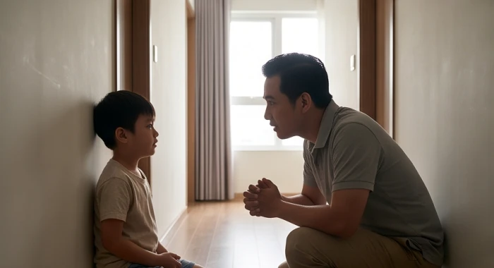 Người cha ngồi ngang tầm mắt trò chuyện riêng với bé trai tuổi Mậu Tuất ở góc yên tĩnh để bảo vệ lòng tự tôn