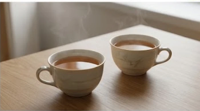 Hai ly trà ấm đặt cạnh nhau trên bàn gỗ thể hiện sự lắng nghe và thấu hiểu trong mối quan hệ tình cảm
