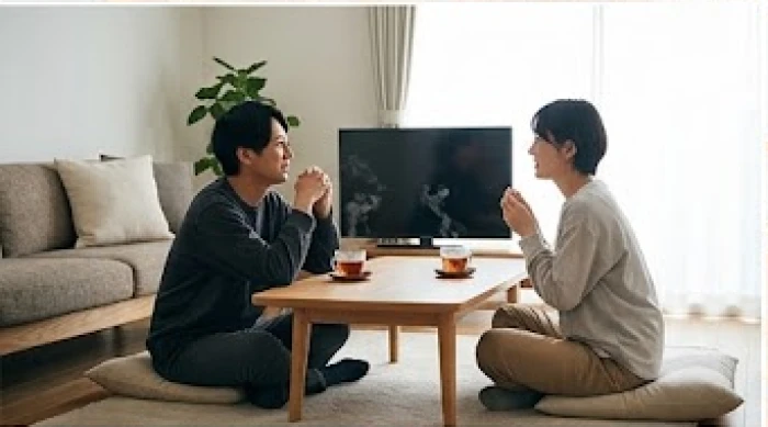 Cặp đôi ngồi uống trà và nghiêm túc lắng nghe nhau để giải quyết những bất đồng