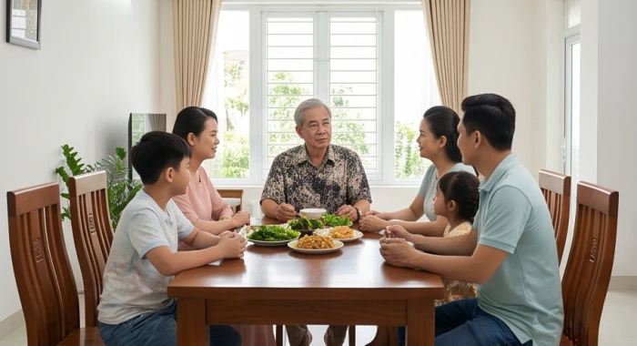 Người ông tuổi Nhâm Thìn 1952 uy nghi ngồi ở bàn ăn gia đình cùng các thế hệ con cháu trong không gian ấm cúng