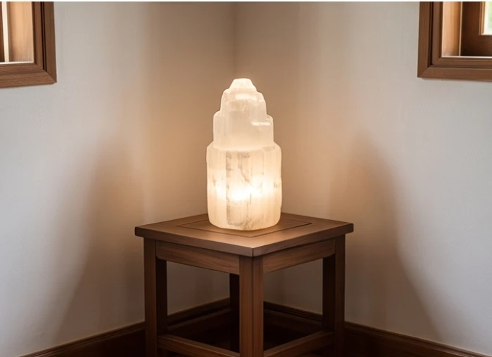 Trụ đá thạch anh tự nhiên tỏa sáng nhẹ nhàng được đặt tại góc nhỏ phòng khách
