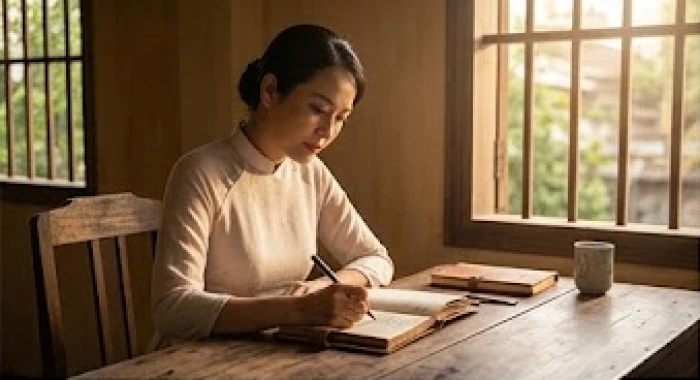 Người phụ nữ trầm ngâm ghi chép lại các dự định công việc trong năm hạn Trực Thái Tuế