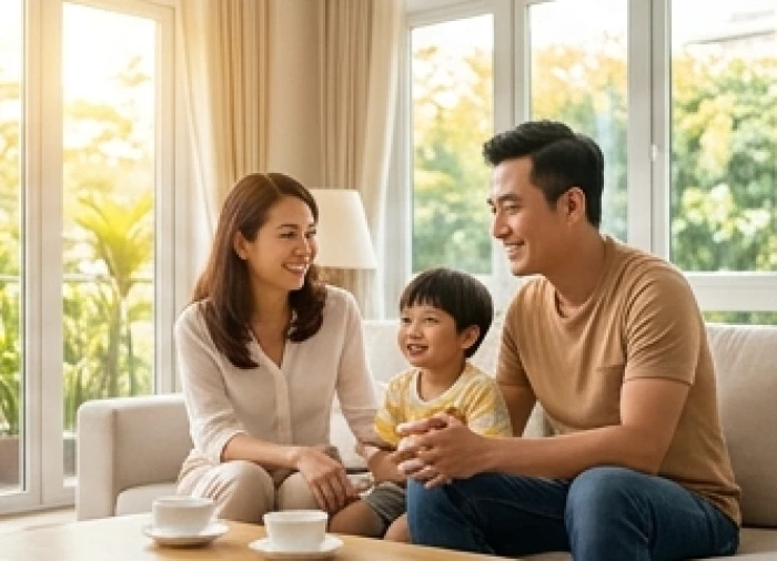 Gia đình nam doanh nhân tuổi nhâm tý hạnh phúc sum vầy trong phòng khách hiện đại tràn ngập ánh sáng tự nhiên