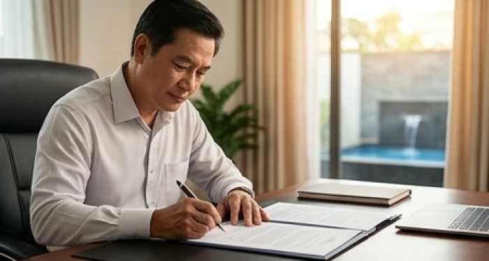 Người đàn ông Quý Sửu trung niên an tâm rà soát hợp đồng kinh doanh cẩn trọng để bảo toàn thành quả sự nghiệp