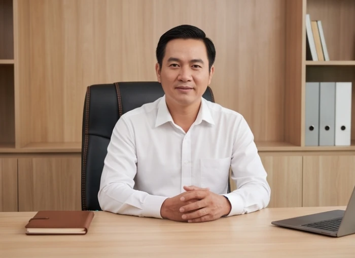 Người nam thành đạt vững chãi ngồi làm việc trong văn phòng tinh tế với phong thái tự tin và ổn định ở giai đoạn trung vận
