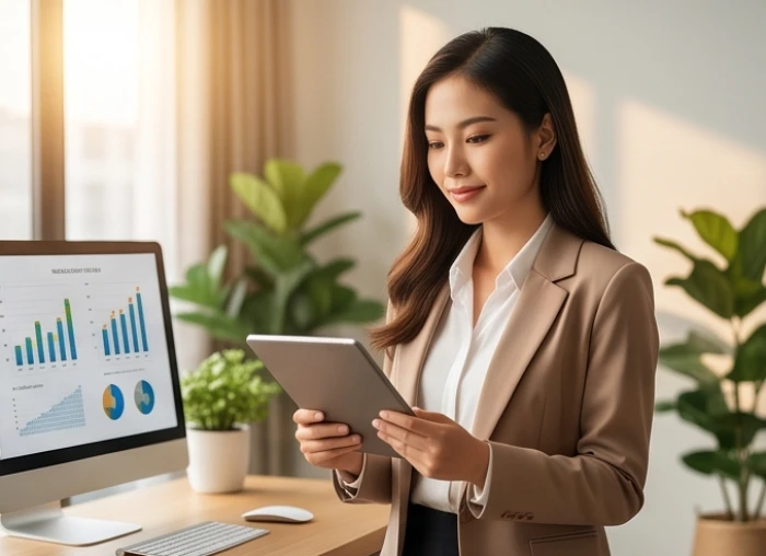 Nữ doanh nhân tuổi ất hợi xem xét báo cáo tài chính trên máy tính bảng trong văn phòng hiện đại