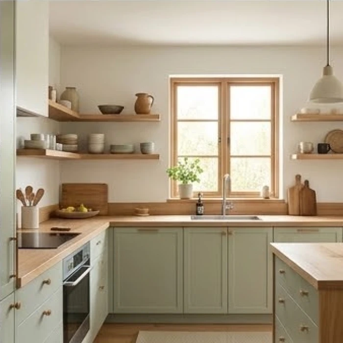 Không gian bếp hiện đại sử dụng hệ tủ màu xanh lá mạ và vân gỗ sáng giúp cân bằng năng lượng Thủy và Hỏa