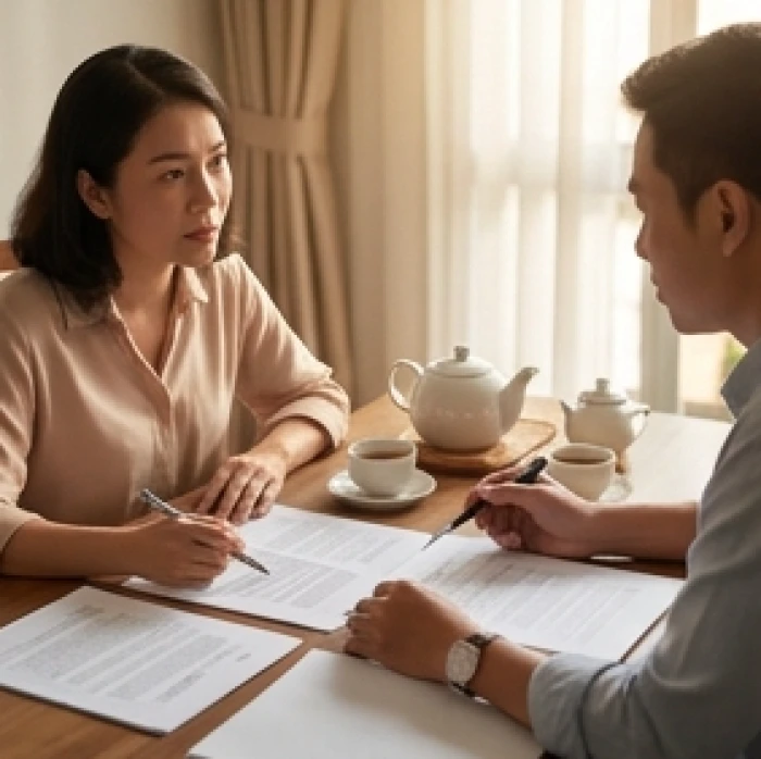 Hai người đang ngồi thảo luận nghiêm túc bên bàn trà với xấp tài liệu trên bàn