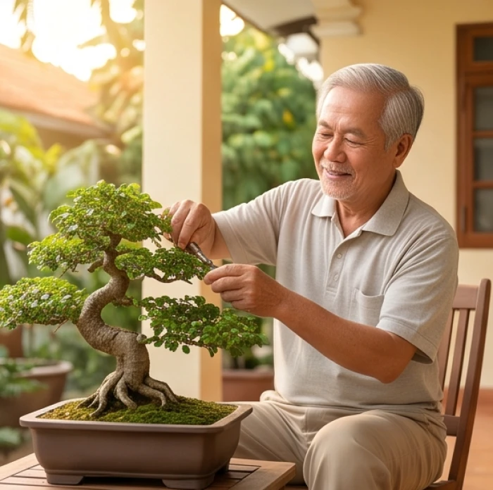 Cụ ông thảnh thơi chăm sóc chậu cây bonsai ngoài hiên nhà với phong thái mãn nguyện và tự chủ