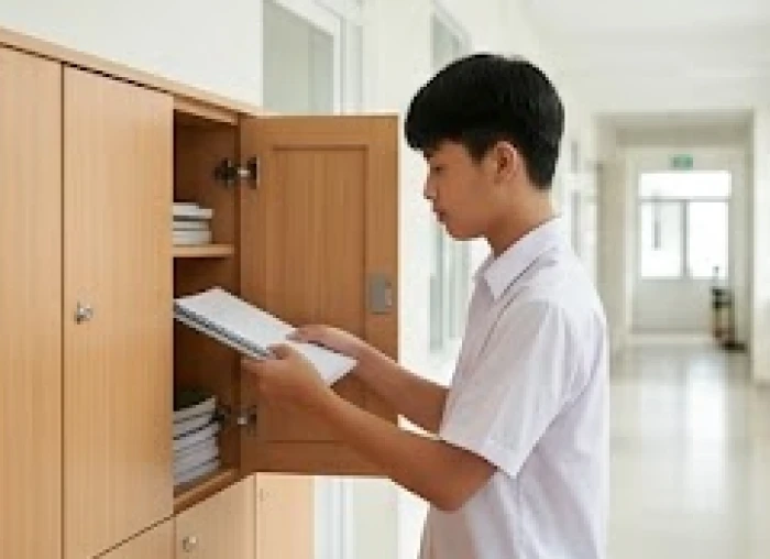 Học sinh xếp sách vở vào tủ đồ cá nhân ngăn nắp tại lớp học tạo cảm giác an tâm khi đến trường