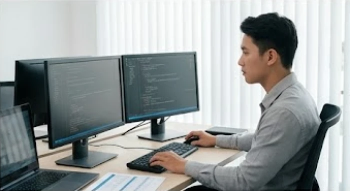 Nhân sự trẻ kiểm tra hệ thống tự động hóa dữ liệu giúp tiết kiệm thời gian xử lý công việc hằng ngày
