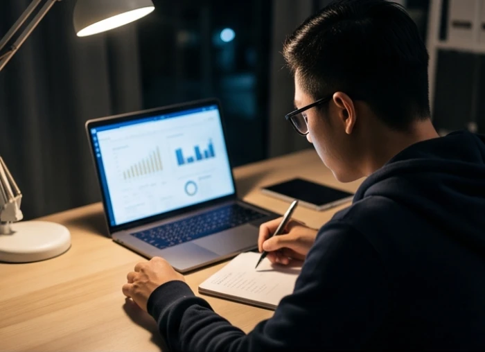 Chuyên gia phân tích dữ liệu làm việc tập trung trước màn hình máy tính vào buổi tối muộn