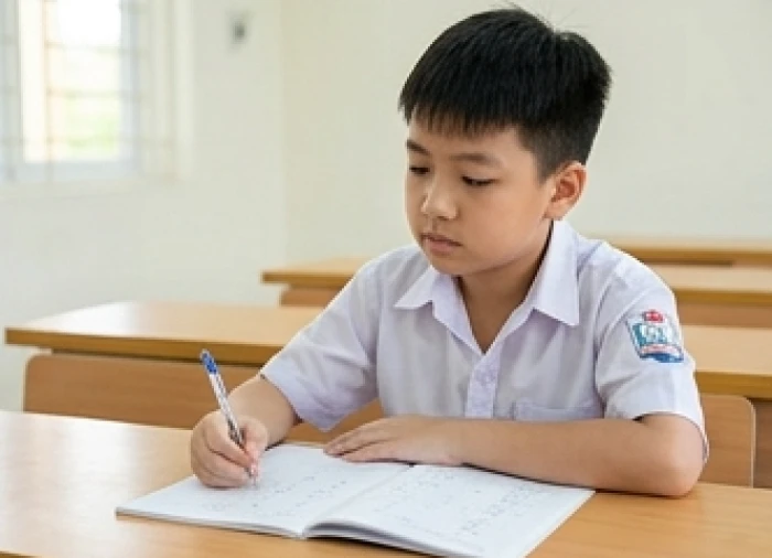 Nam sinh Ất Mùi đang tập trung suy nghĩ giải một bài toán khó trên vở với biểu cảm cẩn trọng