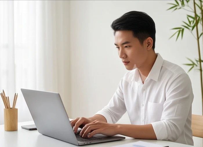 Một nhân sự trẻ đang làm việc độc lập với thái độ cực kỳ tập trung và phong thái dứt khoát