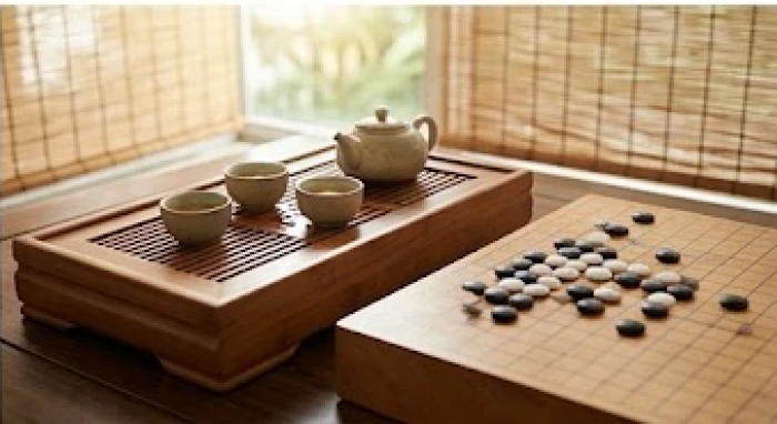 Bàn cờ và trà cụ sắp đặt gọn gàng biểu tượng cho sự cân bằng năng lượng khi gặp tuổi xung khắc
