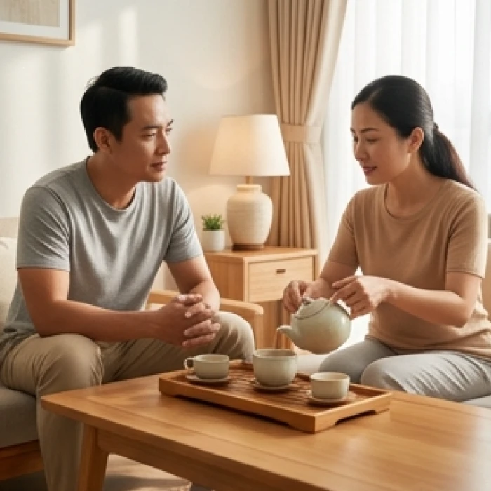 Hai vợ chồng người Việt kiên nhẫn lắng nghe nhau bên ấm trà nóng để tháo gỡ những bất đồng nhỏ trong sinh hoạt
