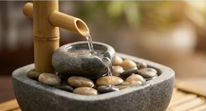 Đài phun nước phong thủy mini bằng đá và tre giúp cân bằng năng lượng khi làm việc với nhóm tứ hành xung