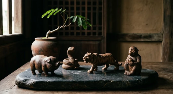 Mô hình tượng gỗ bốn con giáp đại diện cho nhóm tứ hành xung tuổi hợi đặt trên mặt bàn đá phong thủy truyền thống