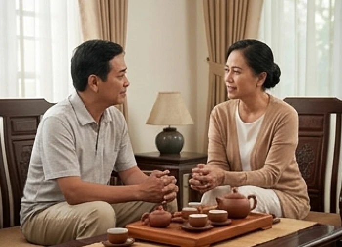 Vợ chồng tuổi Hợi và tuổi Tỵ cùng bình tĩnh nhường nhịn và trò chuyện bên bàn trà để tháo gỡ bất đồng tính cách