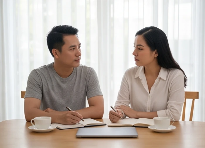 Cặp vợ chồng ngồi hai đầu bàn trà với nét mặt trầm tư cho thấy sự căng thẳng và khác biệt quan điểm trong nhóm Tứ hành xung