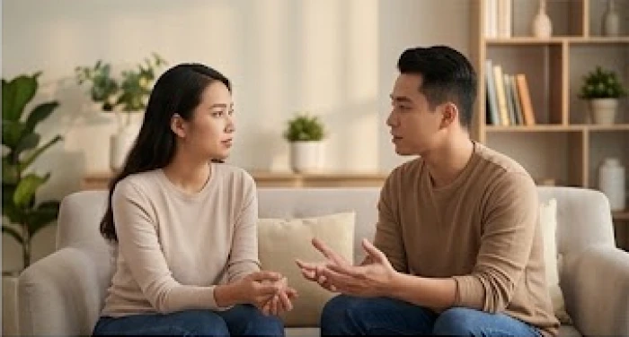 Đôi nam nữ đang ngồi đối diện nhau trò chuyện nghiêm túc để giải quyết những bất đồng quan điểm