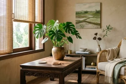 Chậu cây phong thủy trên bàn gỗ giúp cân bằng năng lượng và hóa giải tứ hành xung tuổi tý