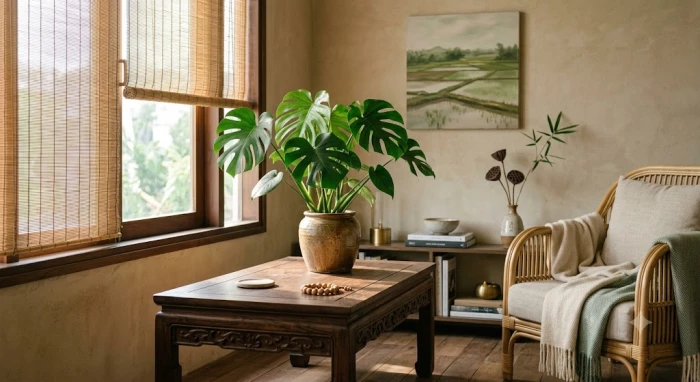 Chậu cây phong thủy trên bàn gỗ giúp cân bằng năng lượng và hóa giải tứ hành xung tuổi tý