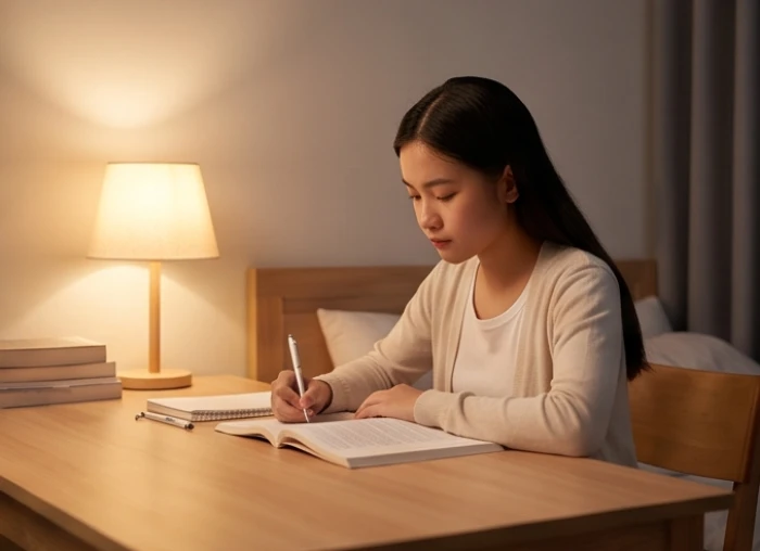 Học sinh nữ tự học buổi tối tại nhà với nhịp độ vừa phải trong những tháng đầu năm 2027