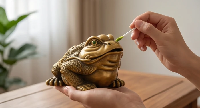Thao tác dùng tăm bông sạch chấm nước chè xanh nhẹ nhàng điểm nhãn lên đôi mắt của tượng thiềm thừ