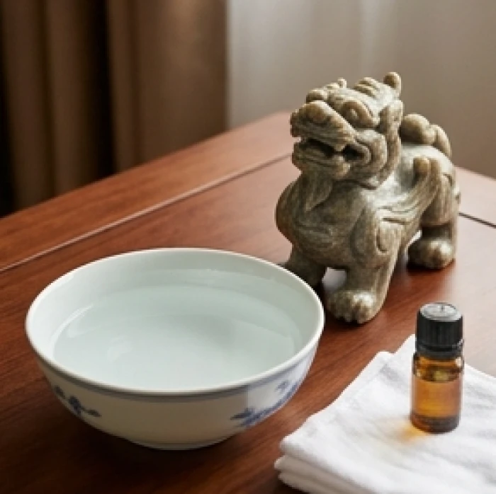Quy trình khai quang điểm nhãn tỳ hưu với bát nước âm dương, khăn sạch và chai dầu thơm tự nhiên