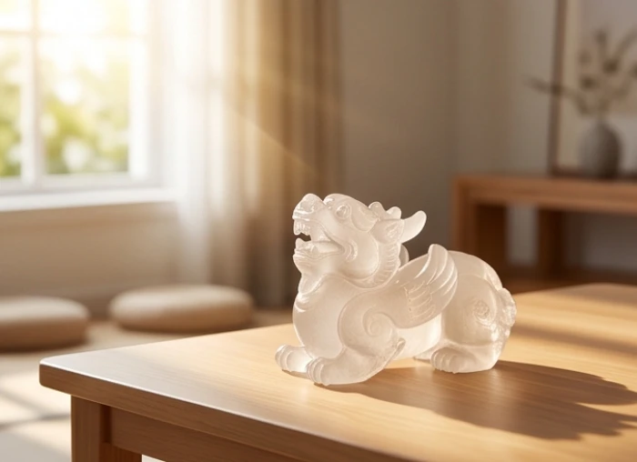 Tượng tỳ hưu đá được đặt hướng ra ngoài hiên đón ánh sáng tự nhiên trong khung giờ hoàng đạo buổi sáng