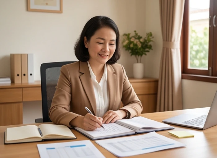 Nữ doanh nhân trung niên tự tin làm việc tại bàn giấy với sổ sách kế toán trong phòng làm việc trang nhã