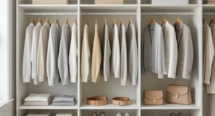 Ngăn tủ quần áo được sắp xếp gọn gàng với trang phục tông màu trắng bạc và ghi xám thanh lịch