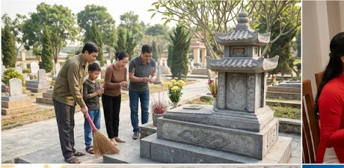 Gia đình đang dọn dẹp và thắp hương tại khu mộ phần gia tiên trong ngày nắng ấm