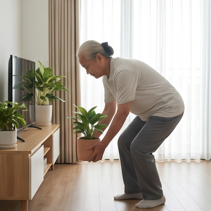 Tư thế khuỵu gối giữ thẳng lưng khi nâng đồ vật giúp bảo vệ khớp gối và cột sống người cao tuổi