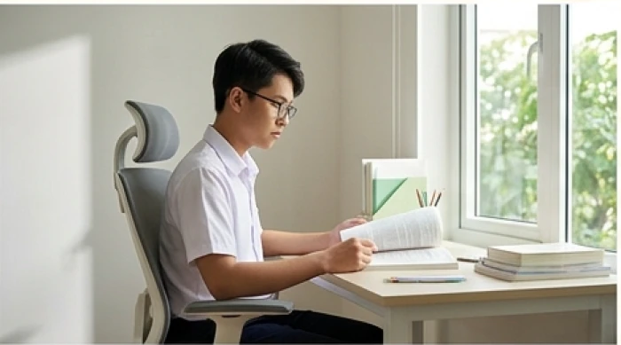 Nam sinh ngồi thẳng lưng đúng tư thế tại bàn học có đủ ánh sáng tự nhiên