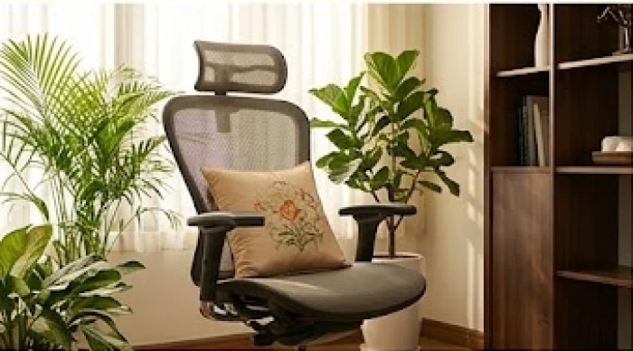 Ghế làm việc công thái học hỗ trợ cột sống được đặt trong một không gian văn phòng nhiều ánh sáng tự nhiên
